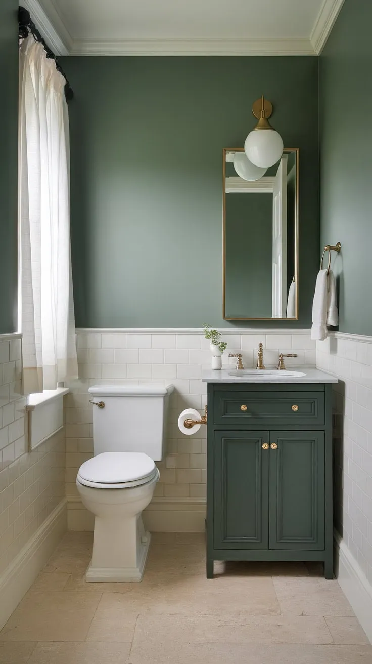Small dark green bathroom ideas come to life in this charming space. The green painted bathroom walls, green vanity powder room ideas, and olive green and white bathroom combination create a tranquil green full bathroom retreat.