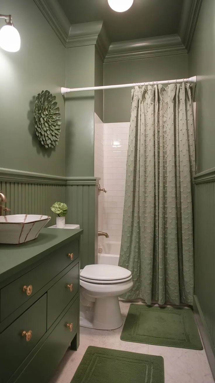 This muted green wainscoting bathroom proves that small spaces can be luxurious. The olive green and gold accents, paired with white fixtures, create a sophisticated and calming green painted bathroom. Perfect green vanity powder room ideas for a small master bath green retreat.