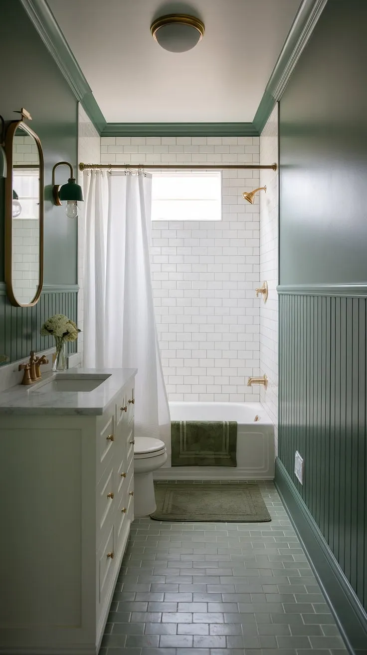 Small dark green bathroom ideas don't have to be gloomy! This green full bathroom, featuring green vanity powder room ideas and olive green and white bathroom elements, showcases how a green wainscoting bathroom can feel spacious and bright. The muted green bathroom palette is effortlessly chic.