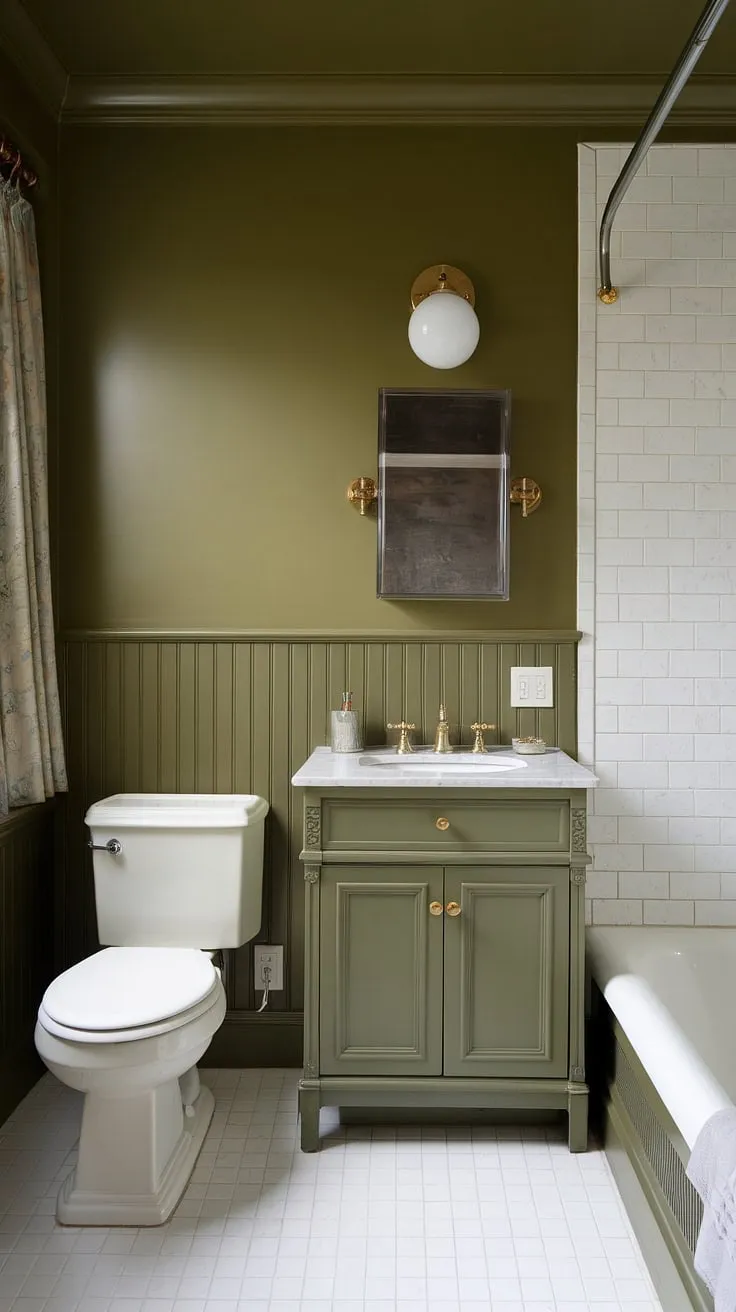 This small master bath, painted a sophisticated olive green, showcases the charm of a green painted bathroom. The green wainscoting adds depth and texture, complemented by a cheerful green vanity and gold light fixture. White tile flooring and a crisp white bathtub create a bright contrast, embodying the best of olive green and white bathroom design. This muted green bathroom is a perfect example of green vanity powder room ideas, proving that even a small dark green bathroom can feel spacious and luxurious. The green full bathroom is completed with a white toilet and cabinet, and a window dressed with curtains adds a touch of softness.