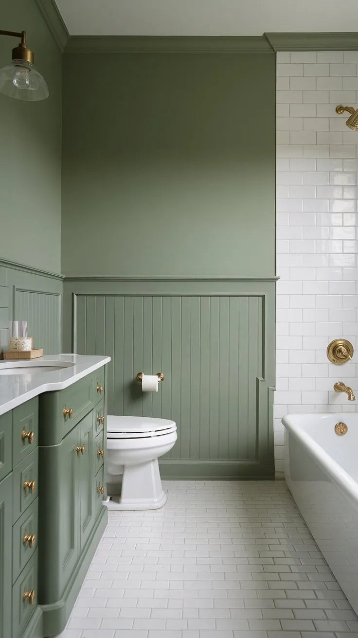 A small dark green bathroom brimming with style! This green painted bathroom features a striking green wainscoting, creating a beautiful green wall bathroom decor. The olive green and gold bathroom theme is carried through with a gorgeous green vanity and gold fixtures, while white tiles and a white bathtub keep the space feeling airy and bright. This small master bath green is a perfect example of green vanity powder room ideas and showcases how a muted green bathroom can be both sophisticated and inviting. The olive green and white bathroom design is a testament to the elegance of a green full bathroom, even in a smaller space.