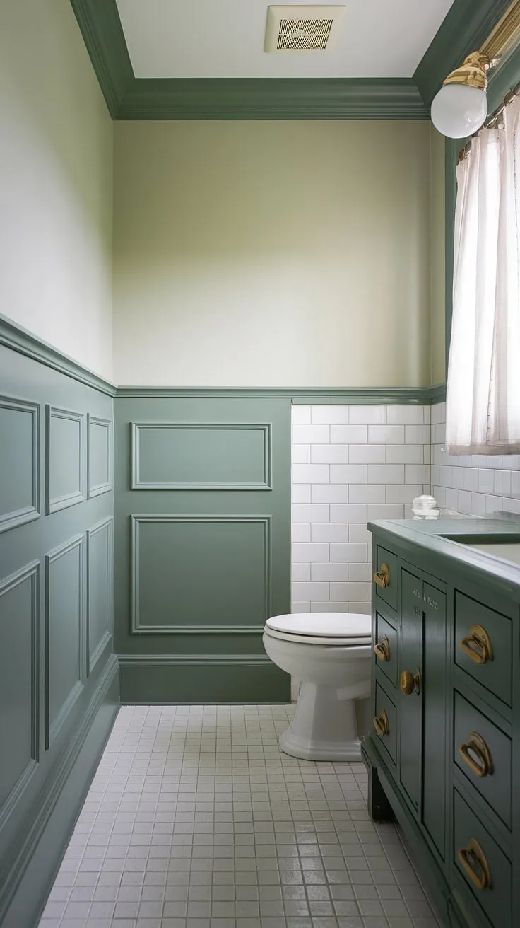 A serene small master bath green oasis is achieved with this clever design. The green full bathroom features a striking green wainscoting bathroom, showcasing a muted green bathroom scheme. The olive green and white bathroom is elevated by a dark green vanity with gleaming gold hardware, offering inspiring green vanity powder room ideas. White tiles and a white toilet provide a clean contrast against the green wall bathroom decor and green painted bathroom walls. The small dark green bathroom ideas are perfectly complemented by the green and white tiled floor and a delicate gold light fixture, creating a small master bath green haven.