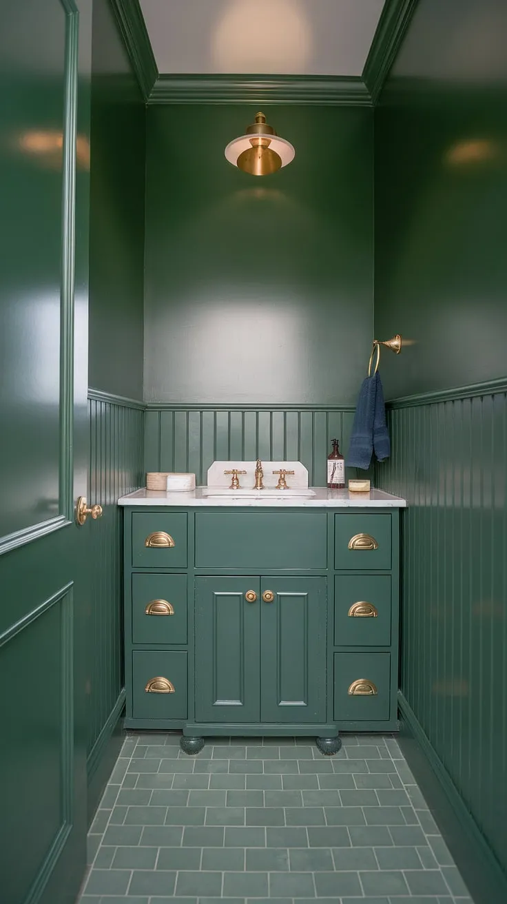 This small master bath, a study in muted green tones, proves that a green wainscoting bathroom can be both sophisticated and spacious. The olive green and gold bathroom accents, paired with the white sink and gold hardware, create a luxurious feel in this green painted bathroom. Green vanity powder room ideas come to life in this charming space.
