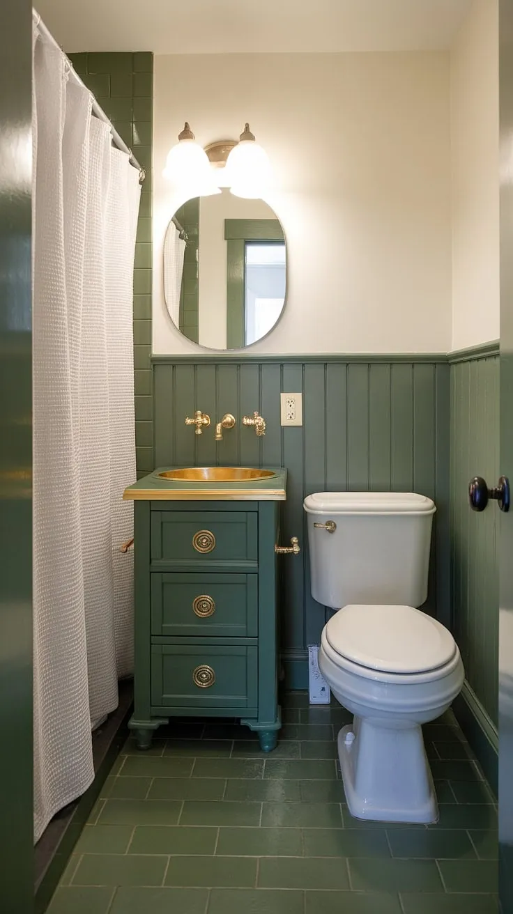 This small master bath green oasis boasts a stunning green vanity powder room idea, featuring an olive green and gold bathroom sink. The green wainscoting bathroom and green wall bathroom decor create a cohesive, muted green bathroom feel, while the olive green and white bathroom palette brightens the space. Green painted bathroom walls and green full bathroom tiling complete this small dark green bathroom idea.