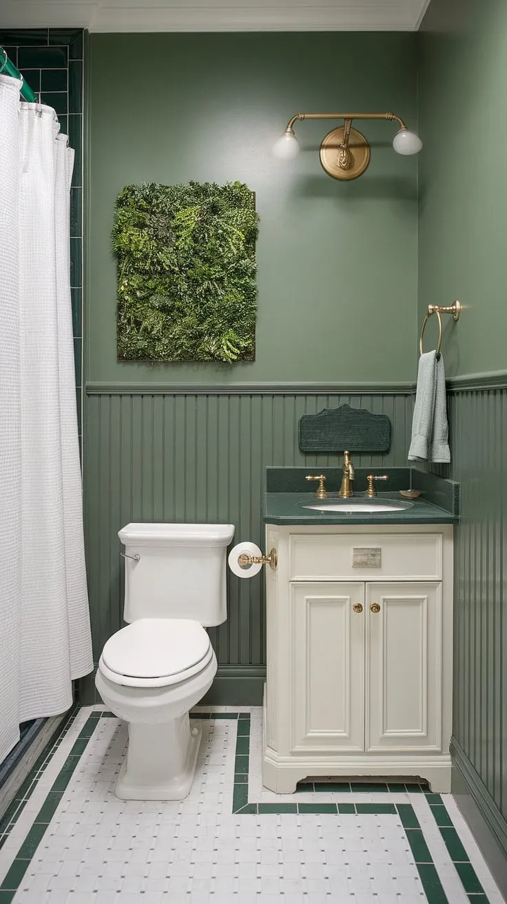 This small master bath, a study in muted green, showcases the charm of a green wainscoting bathroom. The olive green and white bathroom palette is accented by gold fixtures, creating a sophisticated olive green and gold bathroom feel. Green wall bathroom decor above the toilet adds personality, while the white shower curtain and vanity brighten the space. This green painted bathroom offers inspiration for green vanity powder room ideas and small dark green bathroom ideas, proving that even a small full bathroom can be luxurious.