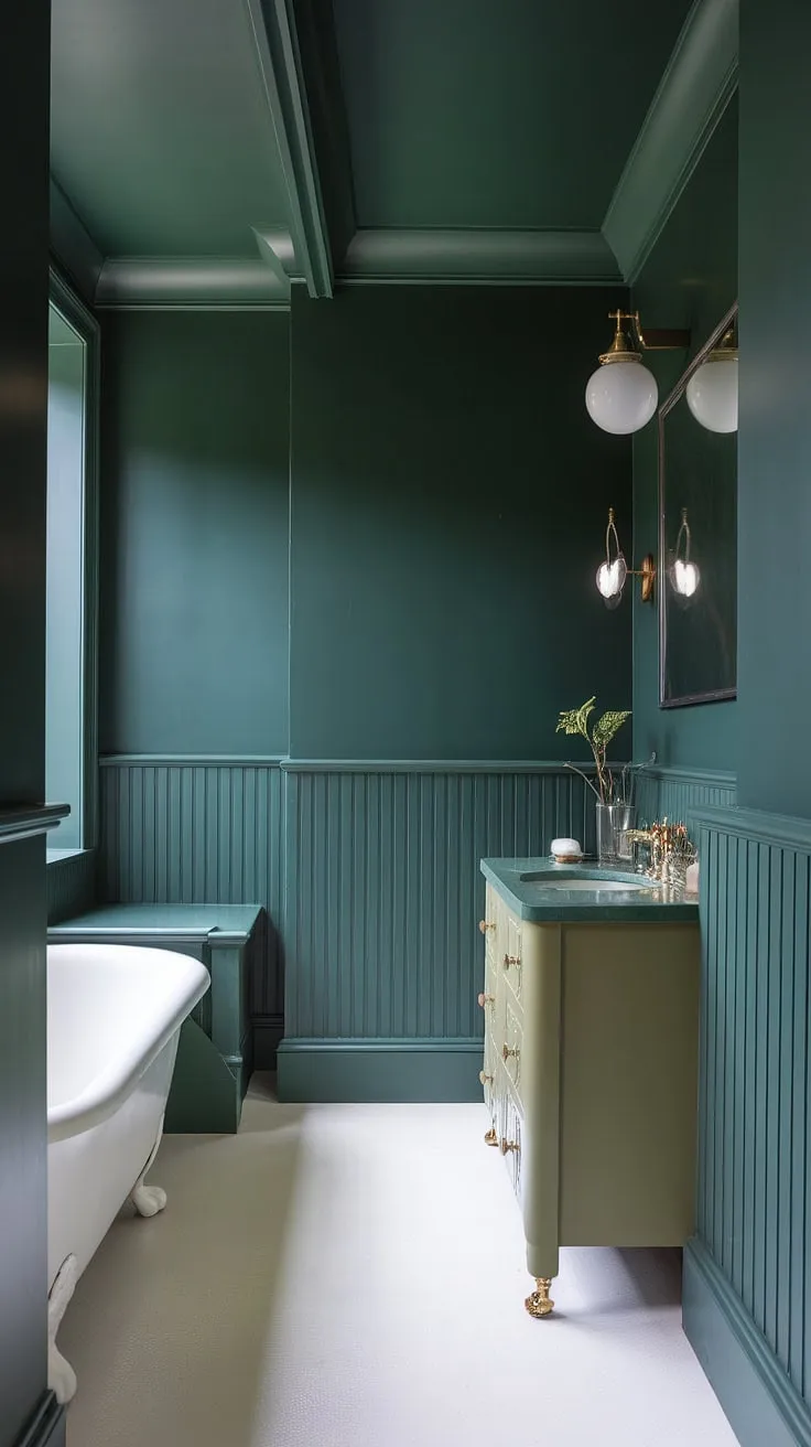 A dreamy green full bathroom, this small master bath in olive green and gold is a testament to elegant, small space design. The green wall bathroom decor is anchored by a muted green vanity and gold accents, while the green wainscoting adds depth and texture. The white floor and tub create a bright contrast, showcasing the rich green painted bathroom. This is a perfect example of small dark green bathroom ideas, offering inspiration for green vanity powder room ideas and olive green and white bathroom schemes.