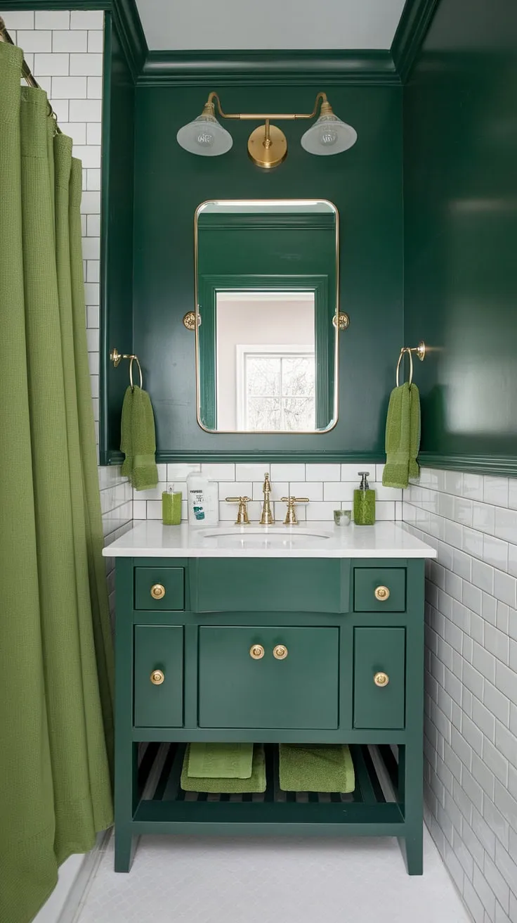 Small dark green bathroom ideas don't have to be gloomy! This olive green and white bathroom, a green full bathroom brimming with charm, showcases how a green painted bathroom can feel bright and airy. The green wainscoting bathroom design is perfect for a small master bath green oasis.