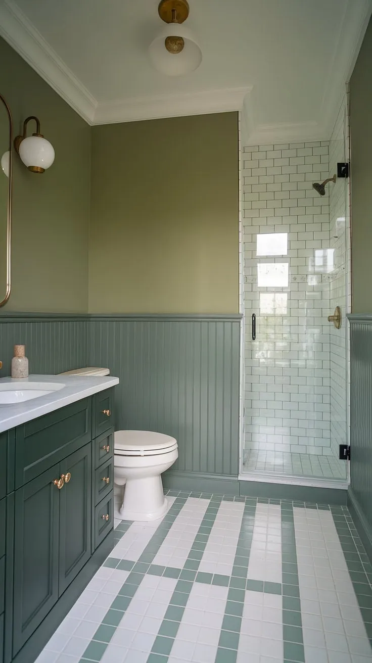 A serene and stylish small master bath in a muted green color scheme. The green wall bathroom decor features eye-catching green wainscoting, paired with a dark green vanity and gold accents for a touch of elegance. The olive green and white bathroom tiling and clean white fixtures create a bright and airy feel, making this a perfect example of small dark green bathroom ideas. This green painted bathroom is a testament to the beauty of a well-executed olive green and gold bathroom design.