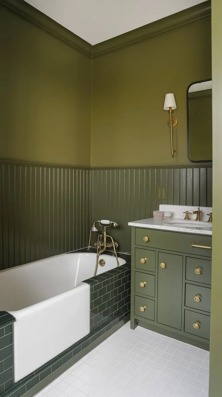 Small dark green bathroom ideas made bright: This green painted bathroom, with its green wainscoting bathroom and olive green and white bathroom palette, proves that even a small space can be luxurious. Green wall bathroom decor at its finest.