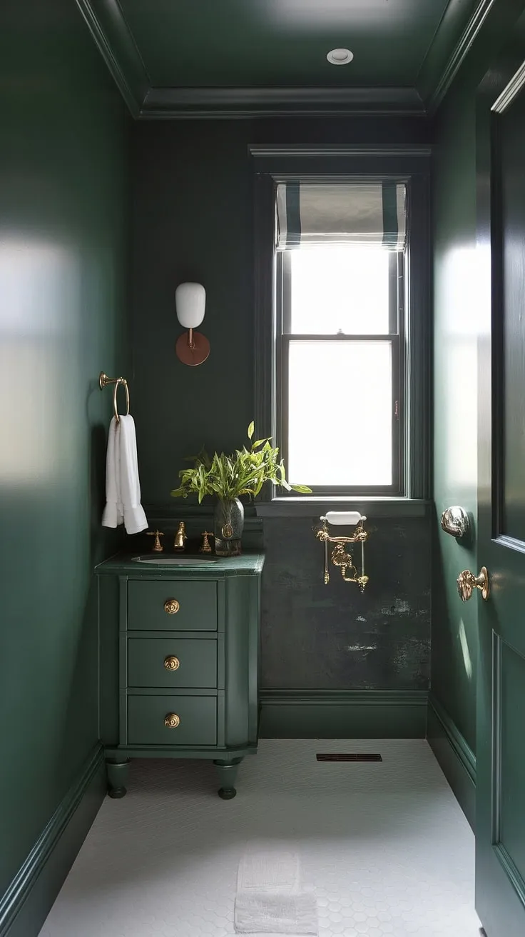 This small master bath, painted in a muted green, offers a tranquil retreat. The green painted bathroom features a gorgeous green vanity with gold fixtures, showcasing clever green vanity powder room ideas for a small space. Green wall bathroom decor, including subtle green and gold accessories, adds to the calming olive green and white bathroom aesthetic. The addition of green wainscoting elevates the design, while the white floor keeps the small dark green bathroom ideas feeling bright and airy. A simple white curtain softens the window, completing this charming and functional green full bathroom. This is a perfect example of a small master bath green design that maximizes space and style.