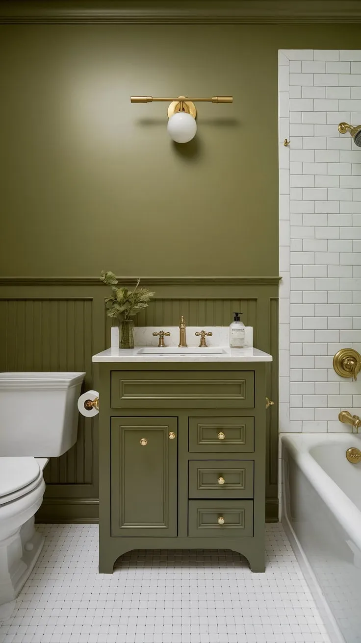 This small master bath proves that a muted green bathroom can be luxurious. The green wainscoting bathroom, olive green and gold bathroom accents, and green vanity powder room ideas create a sophisticated space.