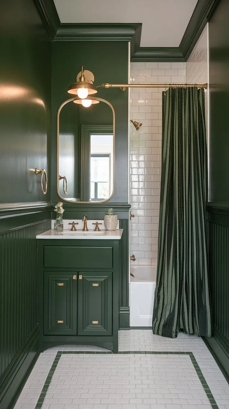 This small master bath, painted a muted green, showcases the perfect blend of olive green and gold bathroom accents. The green vanity with gold hardware, coordinating green shower curtain, and gold light fixture create a luxurious feel. Green wainscoting adds a touch of elegance, while the olive green and white bathroom tile floor keeps the space bright. This is a stunning example of small dark green bathroom ideas and green vanity powder room ideas, proving that even a small full bathroom can be stylish and sophisticated.