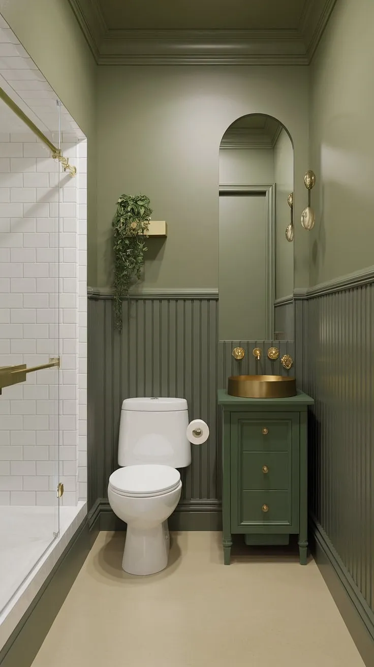 A green full bathroom, perfectly sized for a small space, showcases a sophisticated green vanity powder room idea. The olive green and gold bathroom elements create a luxurious feel, while the green wainscoting bathroom design adds a touch of classic elegance. This muted green bathroom features a calming olive green and white bathroom palette, enhanced by subtle gold accents. The small dark green bathroom ideas are brought to life with the strategic use of light and carefully chosen decor. The light beige floor complements the green painted bathroom, creating a serene and inviting small master bath green retreat.