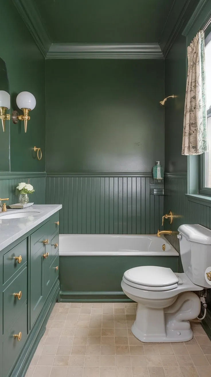 A charming small master bath in a sophisticated olive green and white bathroom palette. The green wall bathroom decor is anchored by the striking green wainscoting that runs to the ceiling, creating a sense of height in this small space. Gold fixtures add a touch of elegance, while the white bathtub and toilet maintain a clean and airy feel. This small dark green bathroom ideas showcases how a muted green bathroom can be both stylish and functional, offering inspiration for green vanity powder room ideas and green full bathroom designs. The beige and gray floor tiles complete the look.