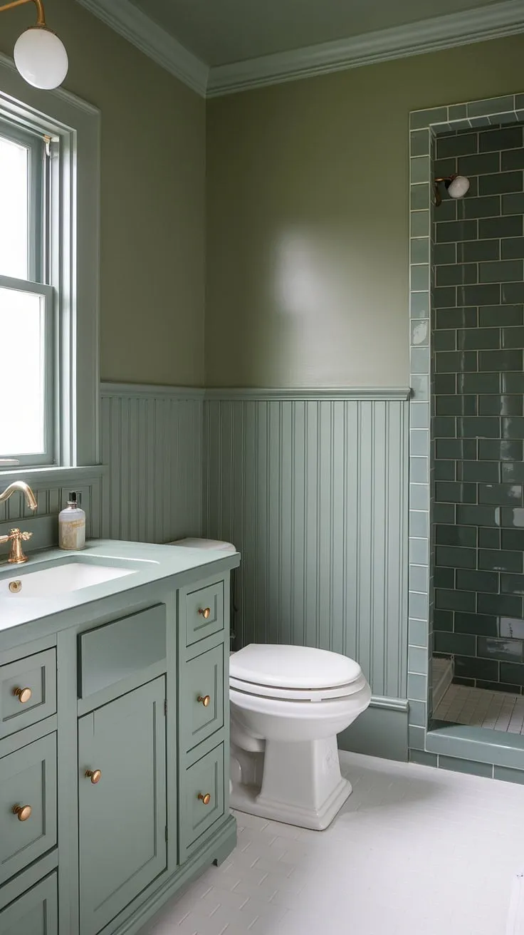 Serene and sophisticated, this small master bath boasts a calming atmosphere achieved with a muted green palette. The green wainscoting bathroom adds texture and visual interest, complemented by the olive green and gold bathroom fixtures. The green vanity powder room ideas are perfectly executed with the white vanity and green countertop, creating a stylish contrast. The olive green and white bathroom design is further enhanced by the green wall bathroom decor above the wainscoting and the green full bathroom's shower tiles. This small dark green bathroom ideas showcases how a small space can feel luxurious.