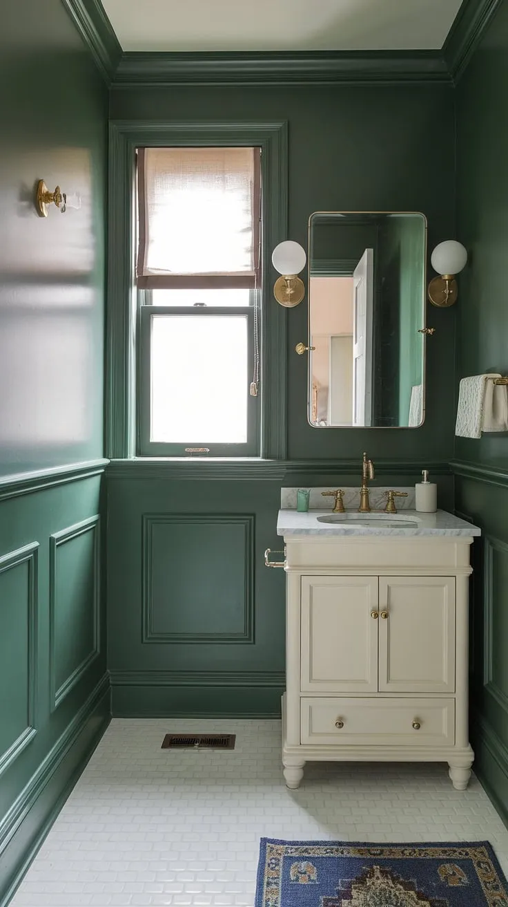 A serene olive green and gold bathroom awaits. This green full bathroom, though small, maximizes space and style with its green wainscoting bathroom design. The muted green bathroom walls are balanced beautifully by the white vanity and flooring, creating a fresh and inviting feel. This is a perfect illustration of small dark green bathroom ideas, showing how a green wall bathroom decor can be both elegant and practical. The olive green and white bathroom scheme is effortlessly stylish.