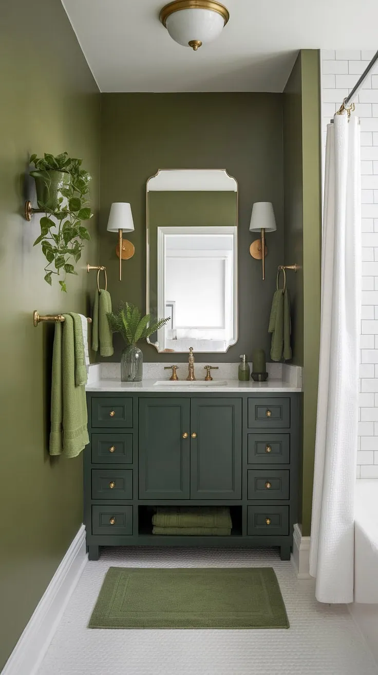 This small master bath, a study in muted green, showcases the elegance of a green full bathroom. The green painted bathroom walls, accented with green wainscoting, create a calming atmosphere. A dark green vanity with gold fixtures adds a touch of luxury, perfectly complementing the olive green and gold bathroom aesthetic. Green wall bathroom decor, including a planter and lampshade, and green towels on the white floor, complete the olive green and white bathroom scheme. This small dark green bathroom ideas demonstrates how even a small space can feel spacious and sophisticated.