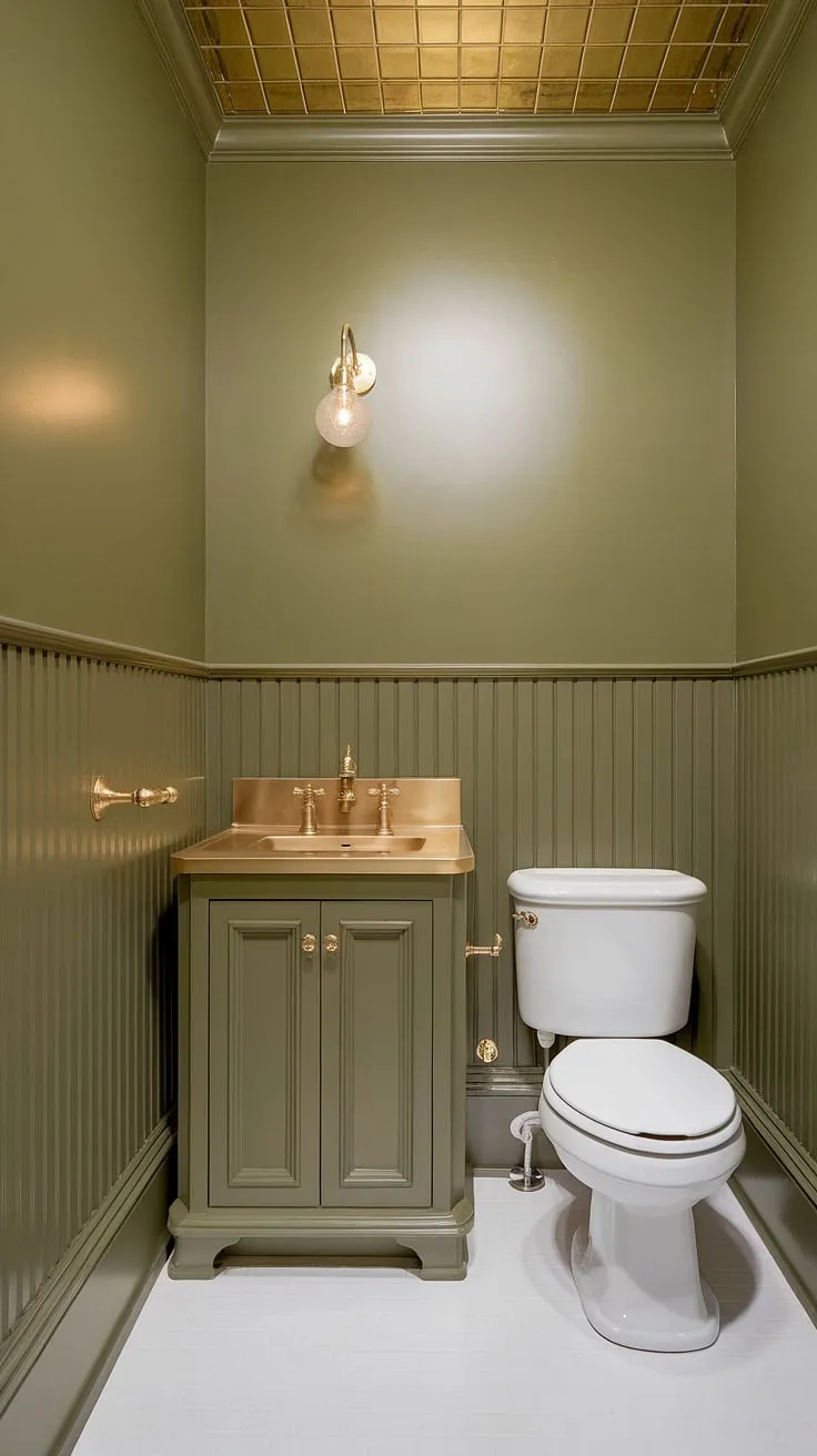 This small master bath boasts a stunning transformation with its rich, muted green bathroom aesthetic. The green wainscoting bathroom, extending to the ceiling, creates a sophisticated backdrop for the double-sink green vanity with a gold countertop. The olive green and gold bathroom combination is further enhanced by the gold light fixture and subtle gold tile accent. This green painted bathroom, a perfect example of green vanity powder room ideas, showcases how a small dark green bathroom can feel luxurious. The olive green and white bathroom design, completed with white tile flooring, is a testament to small master bath green design.