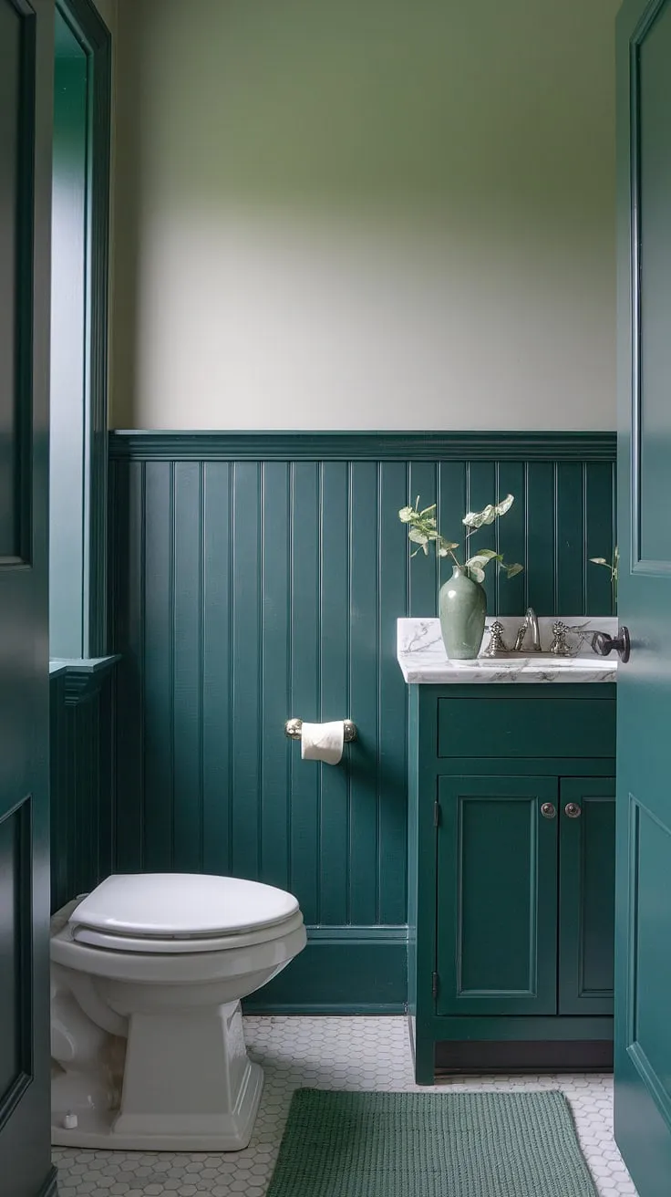 A calming oasis awaits! This monochromatic green bathroom uses dark green wainscoting to add depth and texture to this small guest bathroom. The clever use of varying shades of green, from the deep green wainscoting to the lighter walls, creates a luxurious and inviting atmosphere.  Explore these green bathroom decor ideas for your own space.