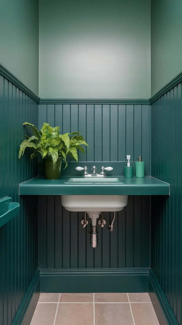 This small guest bathroom boasts a sophisticated monochromatic green scheme.  The dark green wainscoting adds depth and richness, beautifully complemented by the lighter green walls above.  Green bathroom decor, including the countertop and accessories, creates a calming and cohesive space.  This is a perfect example of stylish green guest bathroom ideas, proving that even a small guest bathroom can make a big statement with thoughtful design and the right bathroom wainscoting.