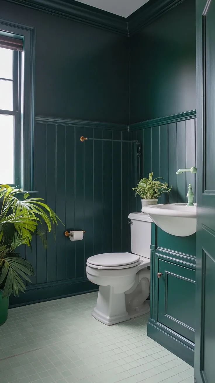 This small guest bathroom boasts a dramatic transformation with dark green wainscoting that extends to the ceiling, creating a sophisticated monochromatic green bathroom.  The green bathroom decor is completed with a green cabinet, green faucet, and a cheerful plant, all set against a cheerful light green and white checkered floor.  Perfect green guest bathroom ideas for maximizing style in a small space.