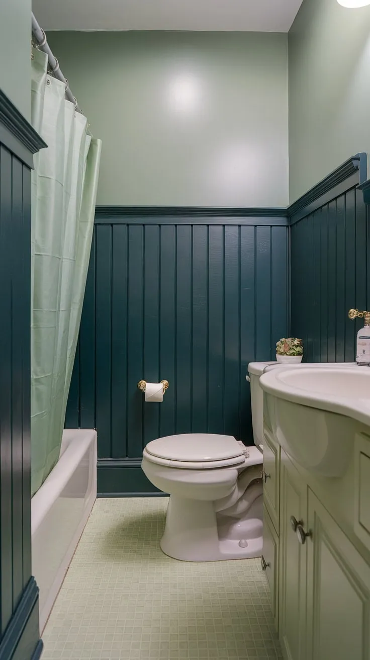 This small guest bathroom boasts a sophisticated charm with its dark green wainscoting, creating a stunning monochromatic green bathroom. The lighter shade of green above the bathroom wainscoting adds depth, while the green and white tiled floor complements the green bathroom decor perfectly.  A great example of green guest bathroom ideas for maximizing style in a small space.