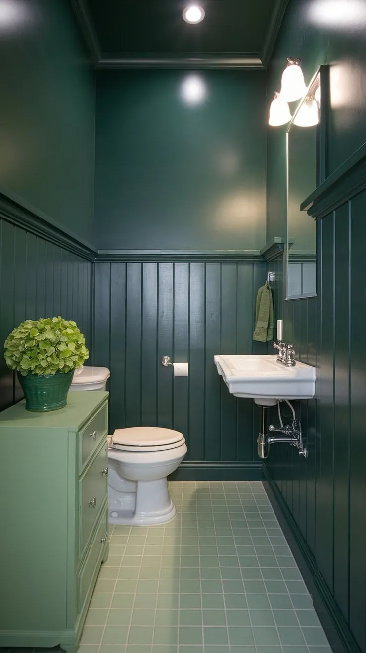 Escape to this serene monochromatic green bathroom.  The combination of dark green wainscoting and light green accents creates a calming oasis.  Clever use of bathroom wainscoting elevates this small guest bathroom, proving that big style doesn't require a large footprint.  Get inspired by these green bathroom decor ideas for your own space.