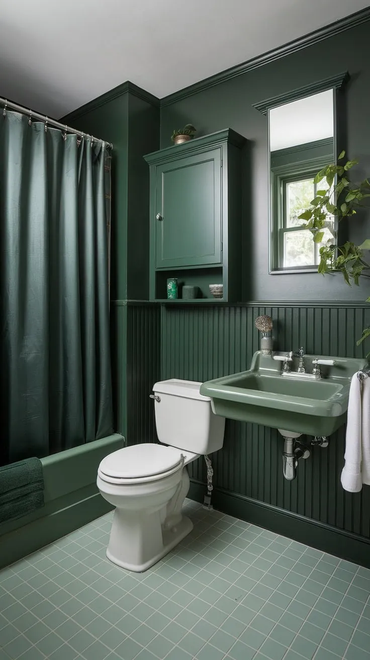 This small guest bathroom proves that monochromatic design can be incredibly impactful. The dark green wainscoting creates a sophisticated backdrop, while the light green floor tiles add a touch of brightness.  Clever use of green bathroom decor, including the sink and cabinet, completes this serene and stylish green guest bathroom ideas.