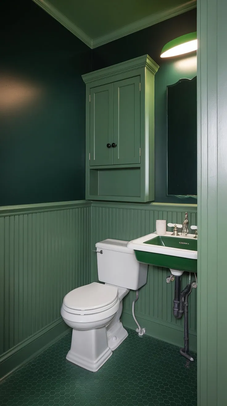 A jewel-toned sanctuary awaits! This monochromatic green bathroom, featuring dark green wainscoting and a charming green sink, is a masterclass in small guest bathroom design. The bathroom wainscoting adds a touch of elegance, while the green hexagonal tiles ground the space beautifully.  Explore the possibilities of green bathroom decor with this inspiring design.