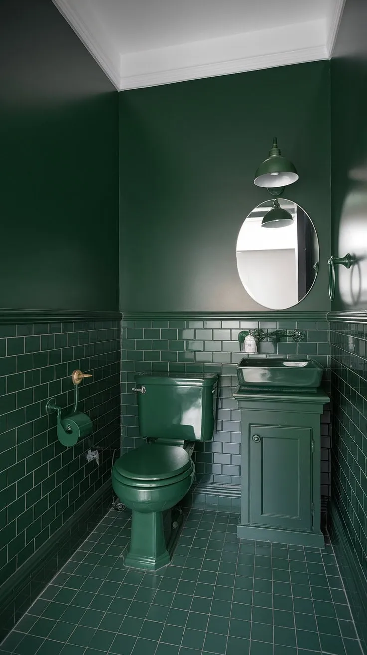 This monochromatic green bathroom is a masterclass in small guest bathroom design.  The rich green wainscoting and green tiles create a calming atmosphere, while the thoughtful bathroom wainscoting choices maximize the space's impact.  Discover the beauty of a cohesive green bathroom decor scheme in this inspiring retreat.