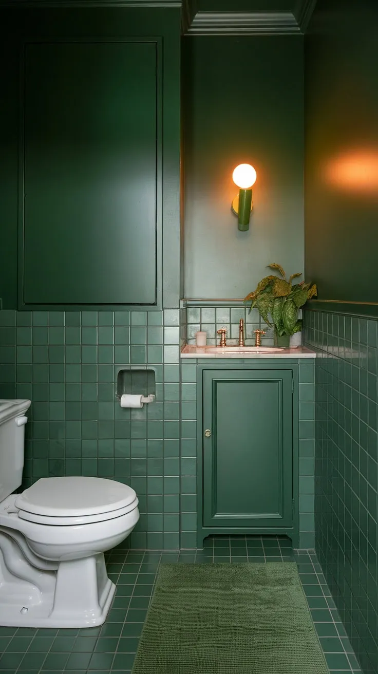 Step into serenity with this small guest bathroom, where dark green wainscoting sets the stage for a monochromatic green bathroom.  The green bathroom decor, from the green cabinet to the subtle green rug, creates a calming and sophisticated space.  Perfect green guest bathroom ideas for maximizing style in a small space.