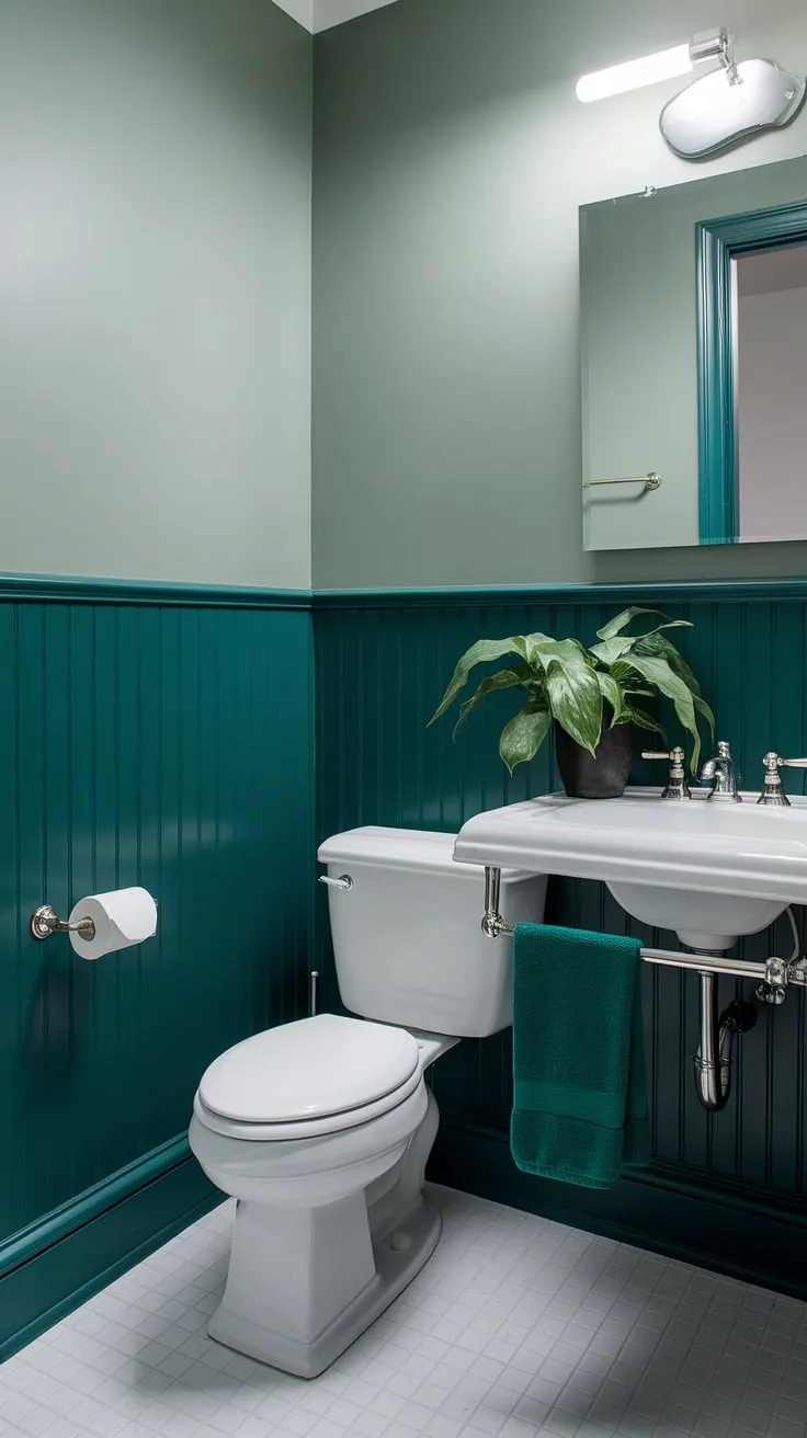 A calming oasis awaits! This small guest bathroom showcases the transformative power of green wainscoting. The dark green wainscoting adds depth and richness, beautifully complemented by the lighter green walls and subtle green accents.  A testament to how effective monochromatic green bathroom design can be, even in a compact space. Explore these green guest bathroom ideas for your own tranquil retreat.