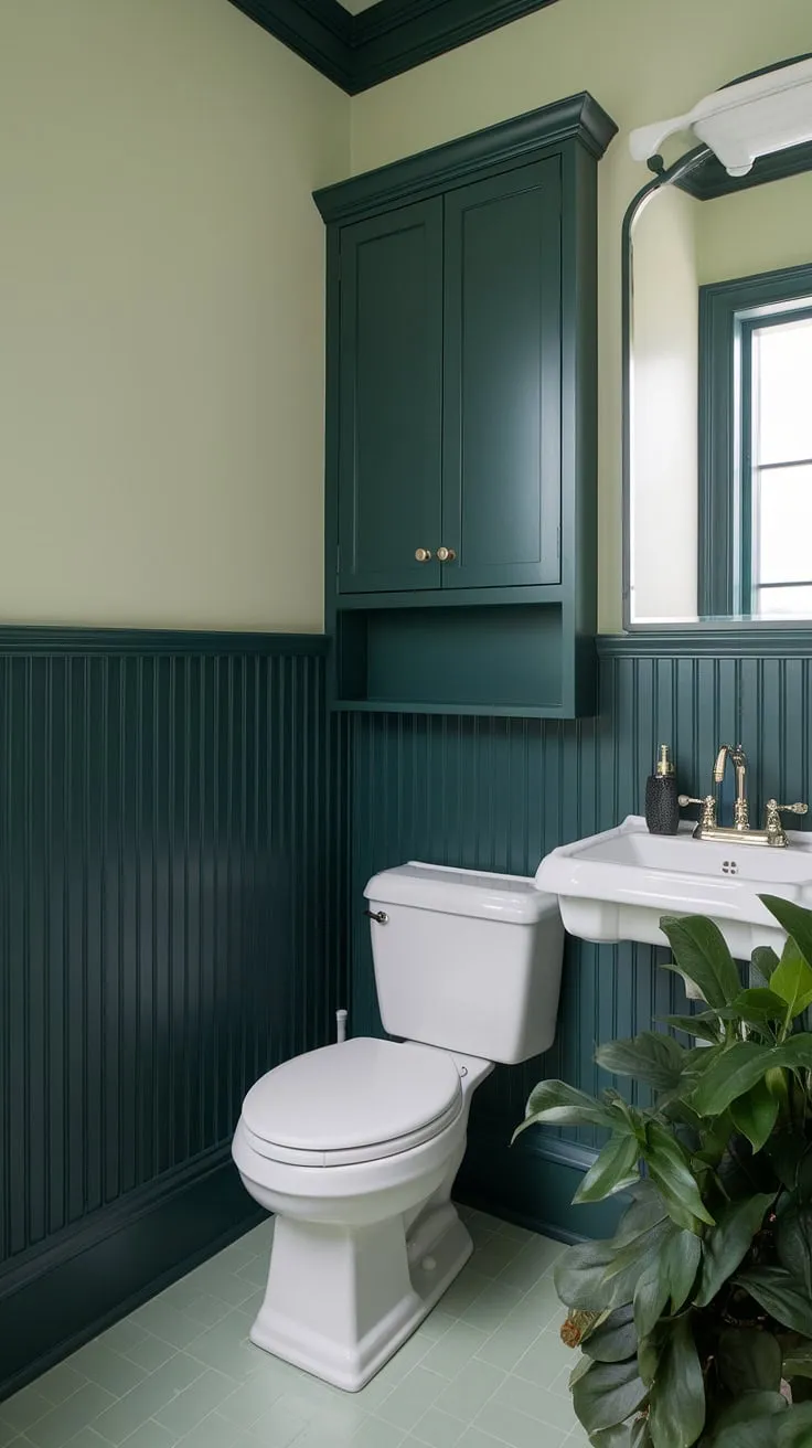 This small guest bathroom proves that big style comes in small packages.  The dark green wainscoting adds depth and sophistication to this monochromatic green bathroom, while the lighter green walls above keep the space feeling bright and airy.  Clever green bathroom decor, including the green faucet and coordinating cabinet, completes this charming and functional space.  Perfect green guest bathroom ideas for a stylish and serene retreat.