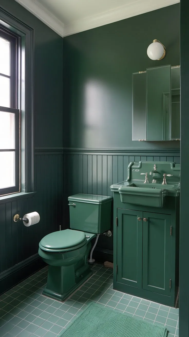 This small guest bathroom proves that monochromatic design can be incredibly chic.  The dark green wainscoting adds depth and sophistication, complemented perfectly by the green bathroom decor, from the tiled floor to the coordinating sink and toilet.  A testament to the power of green guest bathroom ideas in even the smallest spaces.