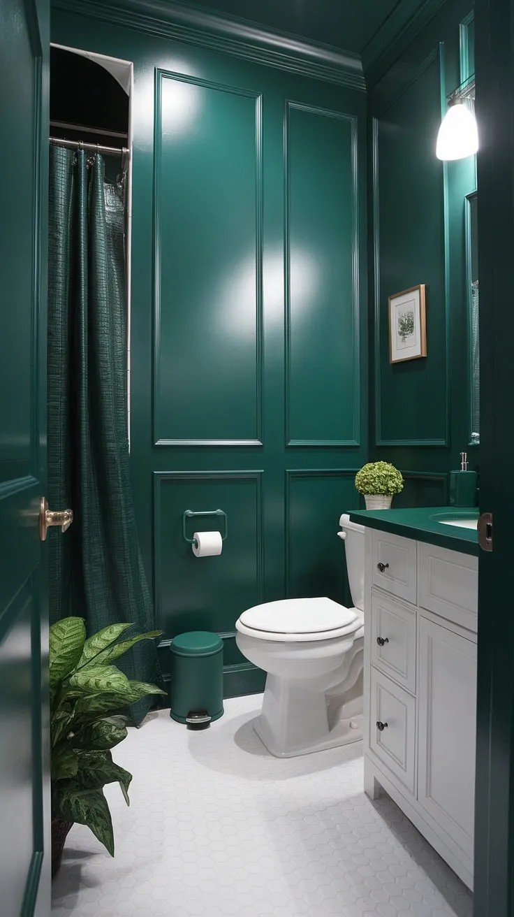 Dark green wainscoting makes a statement in this surprisingly spacious small guest bathroom. The green wainscoting, reaching all the way to the ceiling, anchors the monochromatic green bathroom design.  Clever use of white tile and fixtures keeps the space feeling bright and airy, offering inspiring green guest bathroom ideas for even the smallest of spaces.