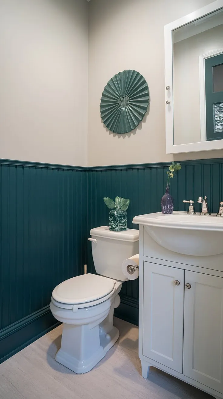 This small guest bathroom proves that big style comes in small packages.  The dark green wainscoting adds a sophisticated touch, creating a monochromatic green bathroom feel that's both calming and chic.  Clever use of bathroom wainscoting and green bathroom decor elevates this space, offering plenty of green guest bathroom ideas for your own home.