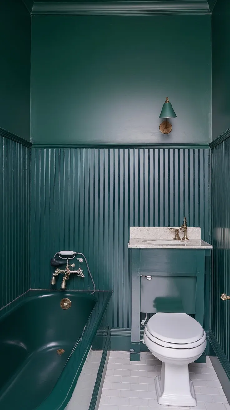 This small guest bathroom proves that big style comes in small packages.  The dark green wainscoting, extending to the ceiling, creates a dramatic backdrop for the monochromatic green bathroom decor, while the lighter green above adds brightness.  Clever use of bathroom wainscoting and thoughtful green guest bathroom ideas make this space feel luxurious and serene.