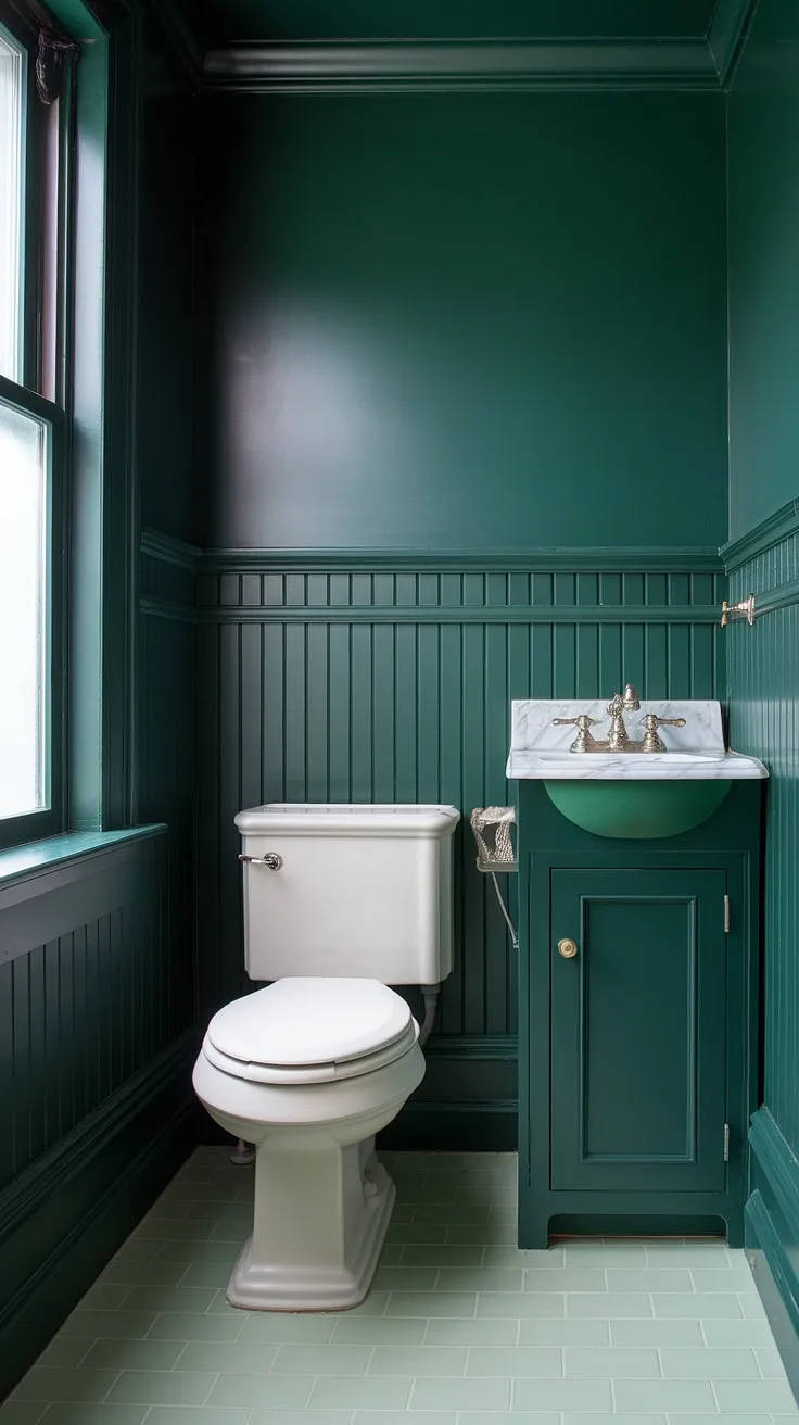 This small guest bathroom proves that big style comes in small packages.  The dark green wainscoting, complemented by the lighter green tile and coordinating vanity, creates a sophisticated monochromatic green bathroom that's both calming and chic.  A perfect example of green bathroom decor and green guest bathroom ideas, showcasing the impact of bathroom wainscoting.
