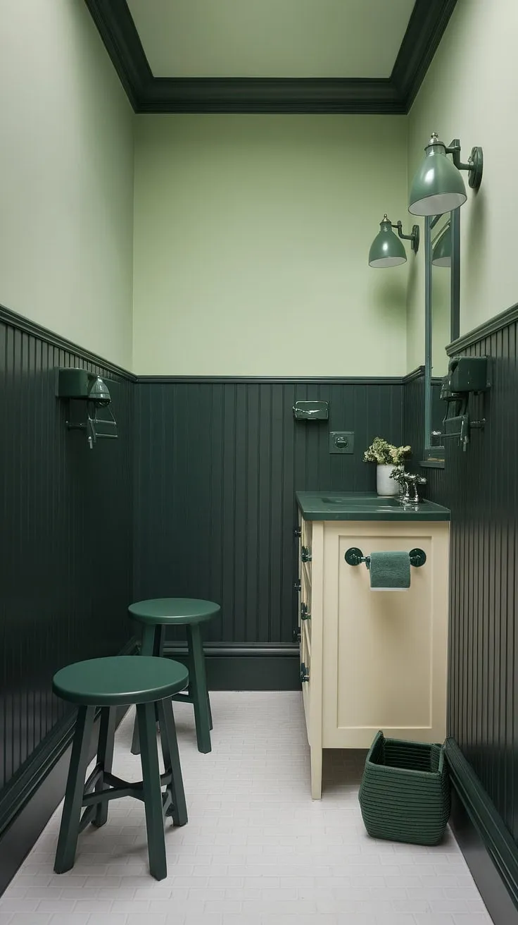 This small guest bathroom proves that big style comes in small packages.  The dark green wainscoting adds depth and sophistication to the light green walls, creating a monochromatic green bathroom that's both calming and chic.  Clever green bathroom decor, including the vanity countertop and coordinating stools, completes this enviable green guest bathroom ideas.