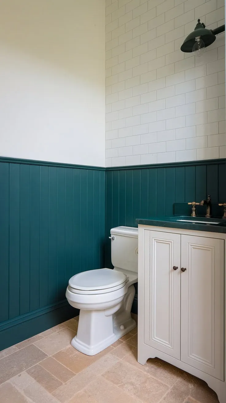 A touch of elegance in a tiny space.  The combination of green wainscoting and white tile in this small guest bathroom is simply stunning.  The bathroom wainscoting adds a touch of classic charm, while the dark green accents create a cohesive and luxurious monochromatic green bathroom.  Perfect inspiration for green guest bathroom ideas.