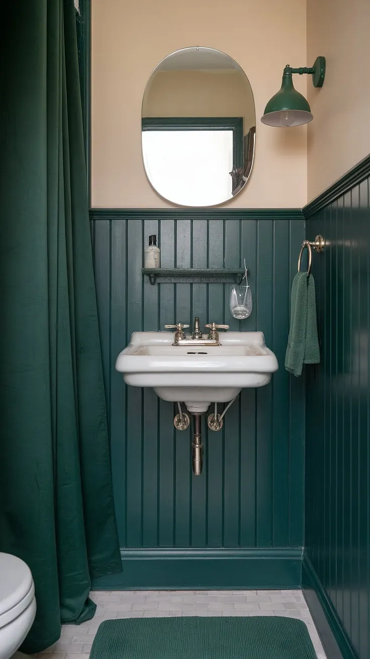 A jewel-toned haven awaits! This charming small guest bathroom boasts stunning green wainscoting, creating a rich and inviting atmosphere. The green bathroom decor, from the subtle rug to the coordinating curtain, perfectly complements the dark green wainscoting, resulting in a serene and stylish monochromatic green bathroom.  A testament to how impactful green guest bathroom ideas can be, even in the smallest of spaces.