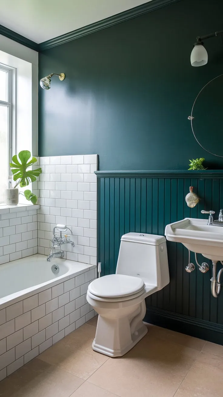Transform a tiny space into a luxurious retreat with this small guest bathroom design. The rich dark green wainscoting adds depth and character, while the white accents keep it bright and airy.  This green bathroom decor perfectly demonstrates how effective green wainscoting can be in even the smallest of rooms, offering a fresh take on green guest bathroom ideas.