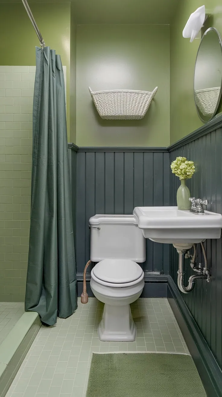 This small guest bathroom proves that monochromatic design can be incredibly chic. The dark green wainscoting adds depth and sophistication against the light green walls and floor tiles, creating a serene and stylish green bathroom decor.  This is a perfect example of green guest bathroom ideas for maximizing space and impact.