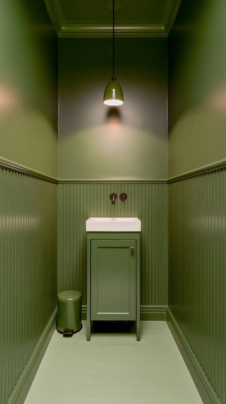 This small guest bathroom proves that monochromatic design can be incredibly impactful. The dark green wainscoting, extending to the ceiling, creates a sophisticated backdrop for the light green tile floor and white sink.  Green bathroom decor, including the vanity and pendant light, completes this calming and stylish monochromatic green bathroom.  Perfect inspiration for green guest bathroom ideas.