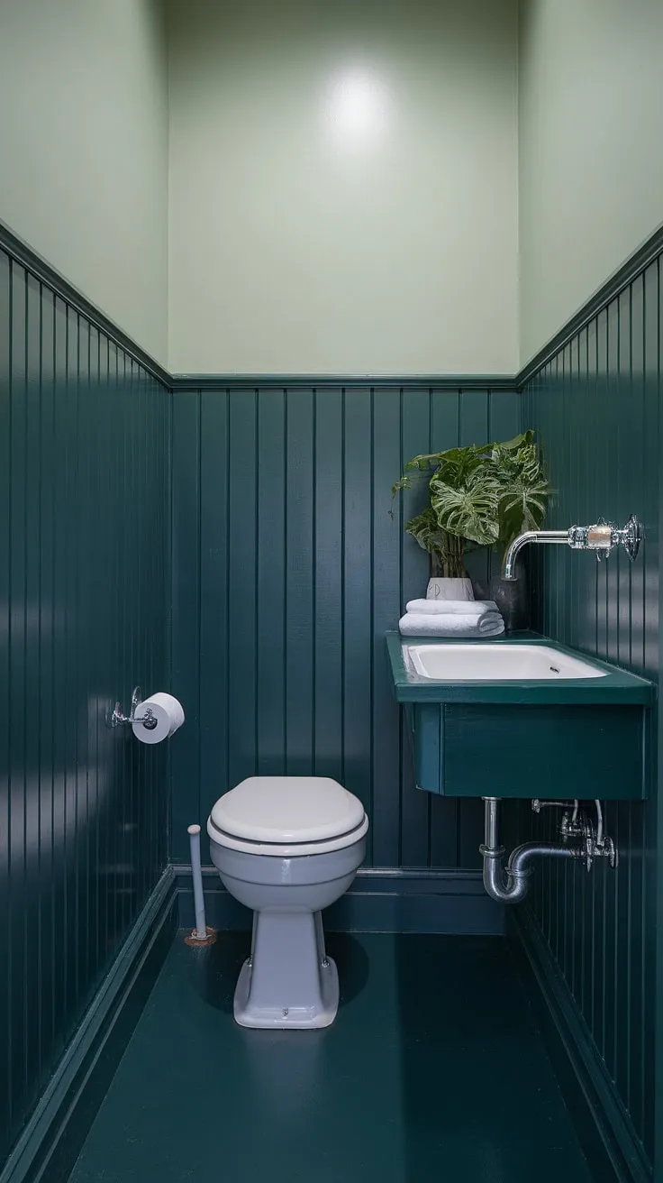 This small guest bathroom proves that monochromatic green bathroom decor can be incredibly chic. The dark green wainscoting, extending to the countertop, creates a sophisticated backdrop, while the lighter green walls above add brightness.  Green bathroom decor doesn't get more stylish than this.  Perfect example of green guest bathroom ideas for a space-saving design.