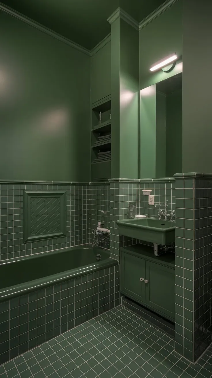Indulge in the serenity of this monochromatic green bathroom.  The dark green wainscoting, green tiles, and coordinating fixtures create a sophisticated and calming atmosphere perfect for a small guest bathroom.  This green bathroom decor offers a wealth of green guest bathroom ideas, proving that even a compact space can be a luxurious retreat.