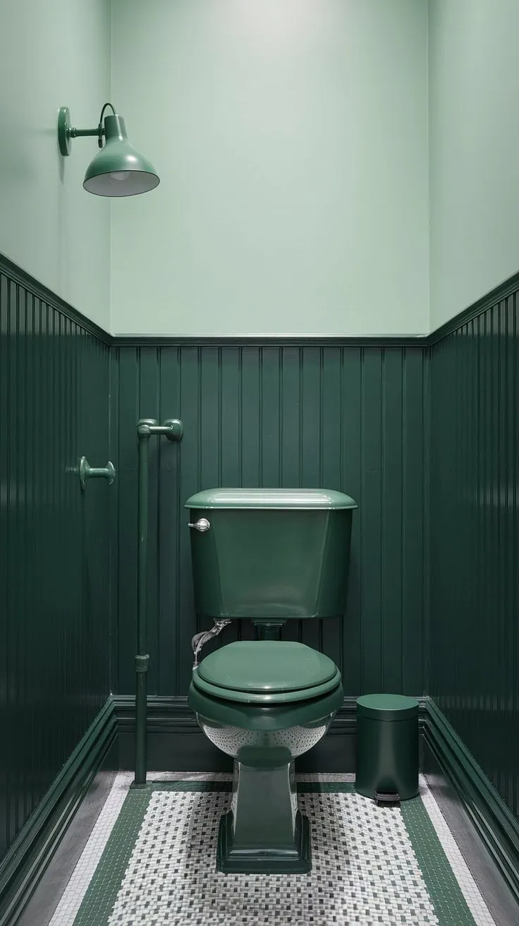 This small guest bathroom proves that monochromatic design can be incredibly chic. The dark green wainscoting adds depth and richness, beautifully complemented by the lighter green walls and playful green and white checkered floor.  Green bathroom decor doesn't get more stylish than this.  Perfect example of green guest bathroom ideas.