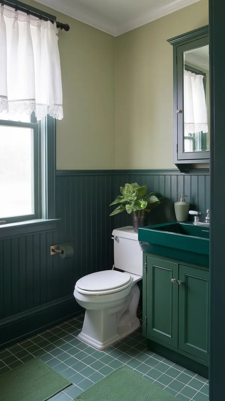 A calming oasis awaits! This monochromatic green bathroom, featuring dark green wainscoting and a charming green sink, is the perfect example of how to maximize style in a small guest bathroom. The subtle variations in green shades create visual interest, making this a truly unique and inviting space.  Explore these green bathroom decor ideas for your own home.