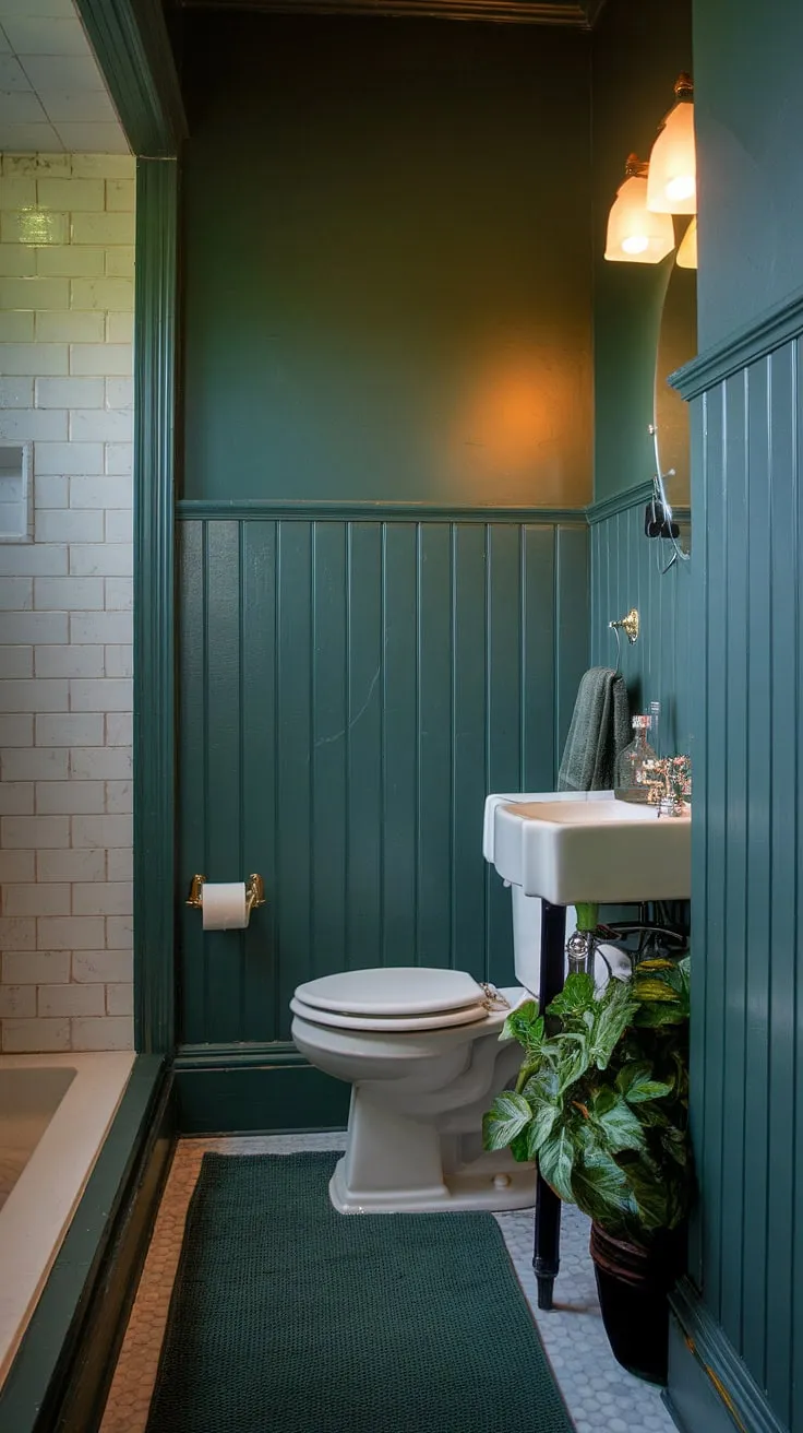 A serene escape awaits in this charming small guest bathroom. The rich dark green wainscoting, extending halfway up the walls, is a stunning feature, complemented by the lighter green above.  This bathroom wainscoting perfectly anchors the monochromatic green bathroom design, creating a calming and stylish space.  Perfect inspiration for green guest bathroom ideas in smaller spaces.