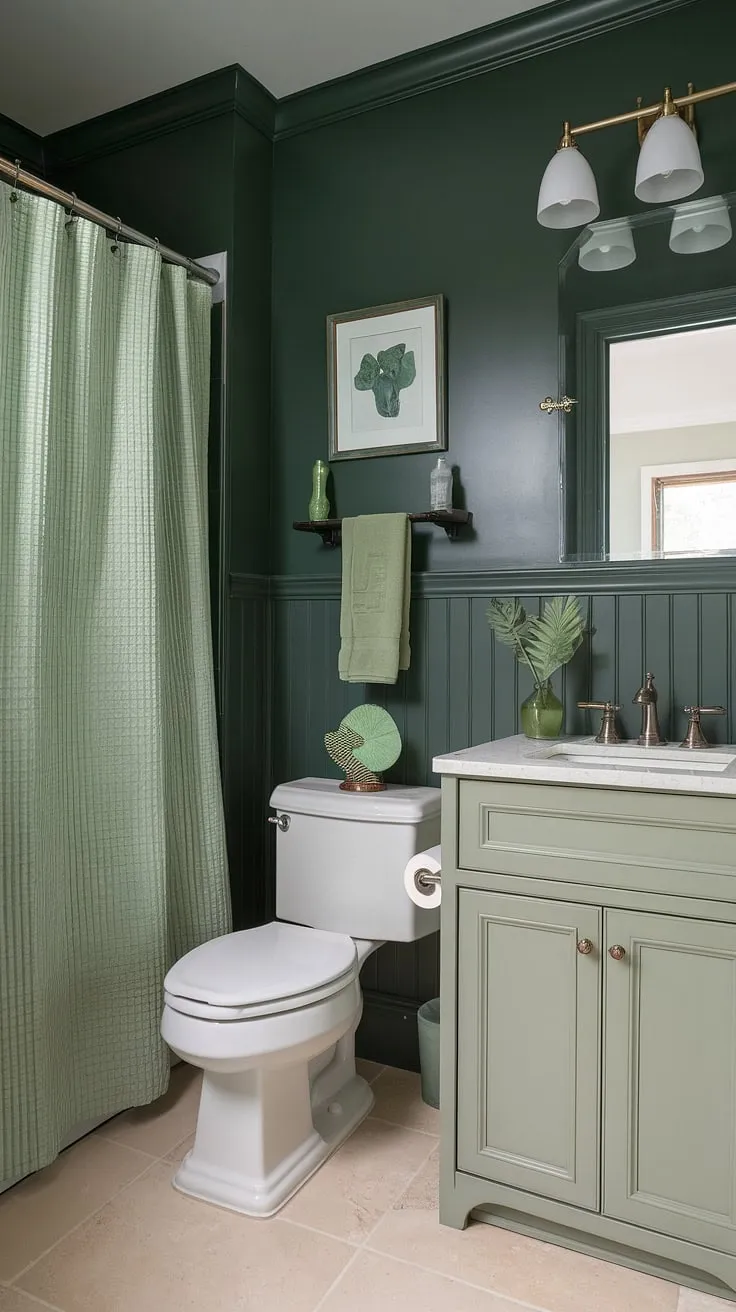 A jewel-toned sanctuary awaits! This small guest bathroom uses dark green wainscoting and a thoughtful selection of green bathroom decor to maximize impact in a minimal footprint. The result? A stunning monochromatic green bathroom that's both stylish and functional.  Get inspired by these green guest bathroom ideas featuring clever use of bathroom wainscoting.